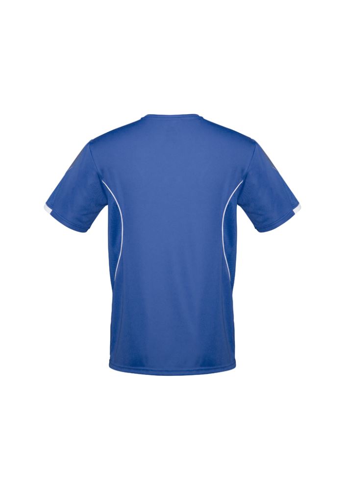 Kids Razor Tee in royal blue and white, size 6, featuring breathable mesh panels and stylish sleeve prints for active play.