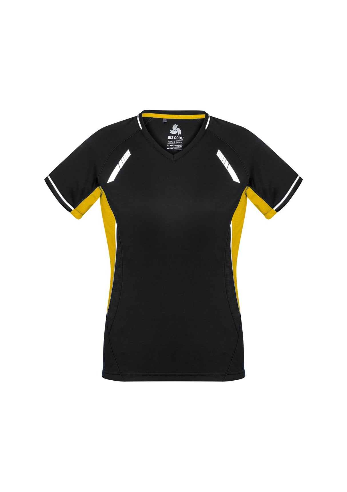 Ladies Renegade Tee in Black/Gold/Silver, Size 10, featuring breathable fabric, reflective trims, and a flattering V-neck design.