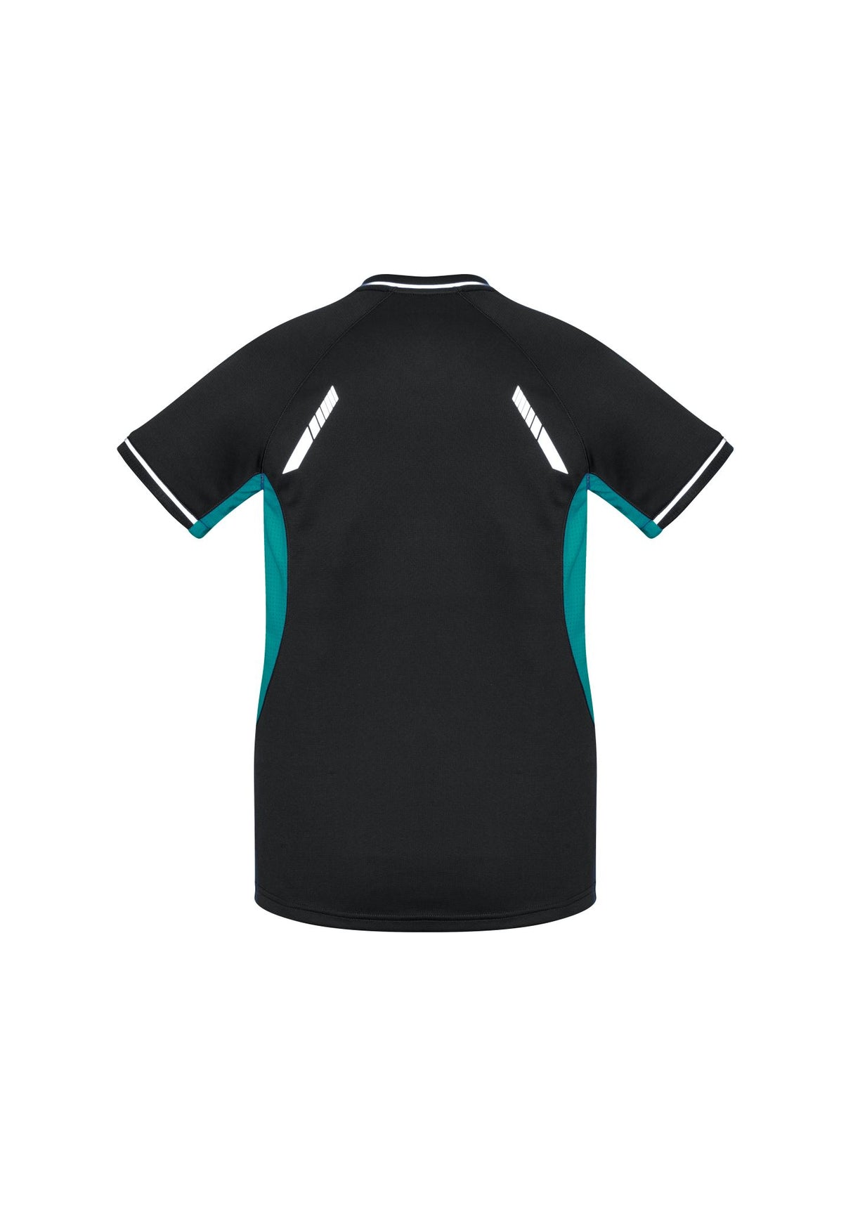 Ladies Renegade Tee in Black, Teal, and Silver, featuring reflective trims, mesh panels, and a flattering V-neck design for activewear.