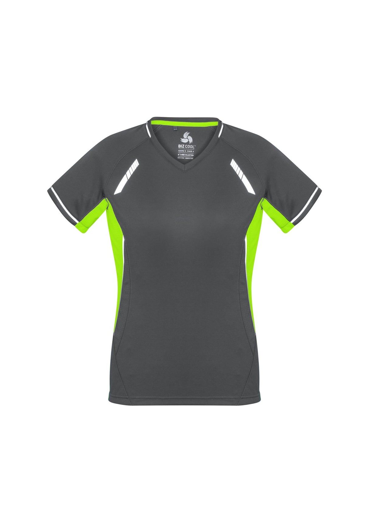 Ladies Renegade Tee in Grey, Fluoro Lime, and Silver, featuring breathable fabric, reflective trims, and a flattering V-neck.