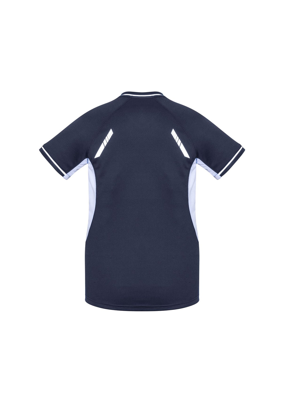 Navy/White/Silver Ladies Renegade Tee, size 18, featuring reflective trims, V-neck, and mesh panels for ventilation.