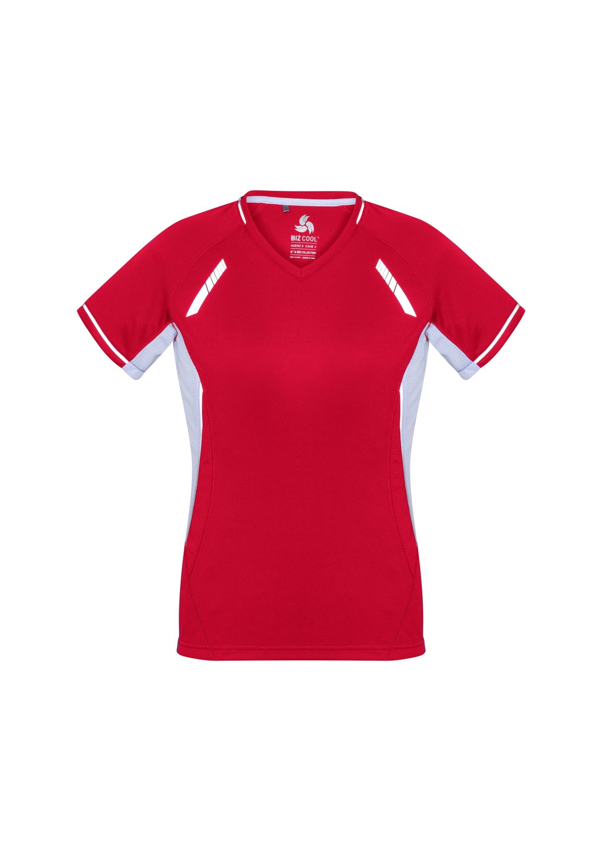 Ladies Renegade Tee in Red/White/Silver showcases a stylish V-neck, raglan sleeves, and breathable mesh panels for comfort.