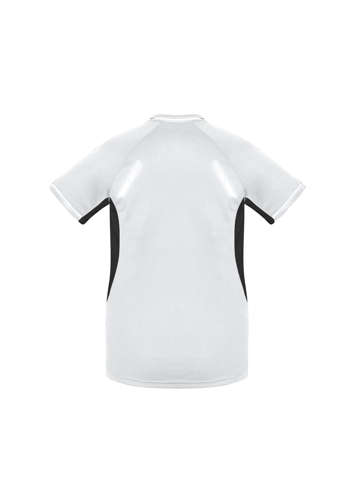 Ladies Renegade Tee in White/Black/Silver, Size 10, featuring vibrant colors, UPF protection, and breathable mesh panels.