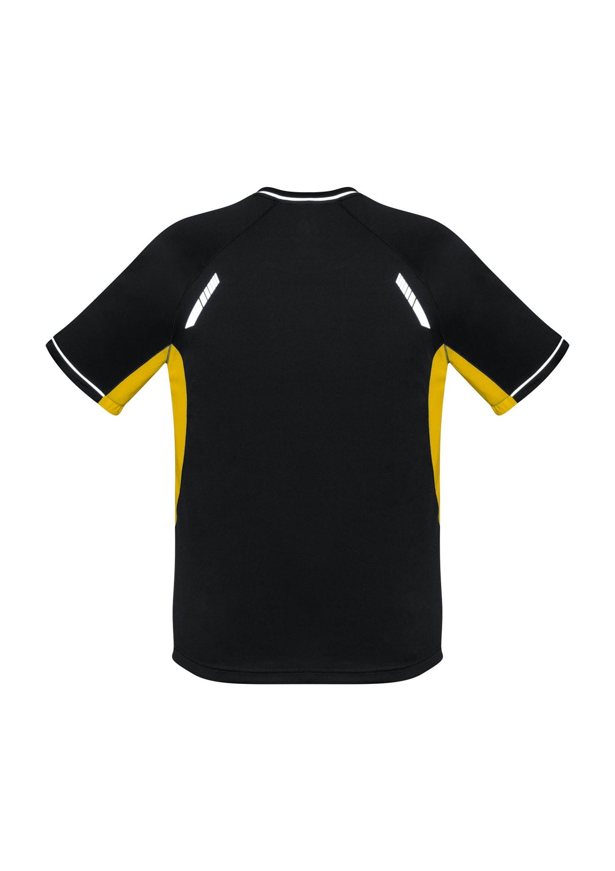 Men's Renegade Tee in Black/Gold/Silver, Size 2XL, featuring breathable fabric, dynamic design, and reflective trims for visibility.