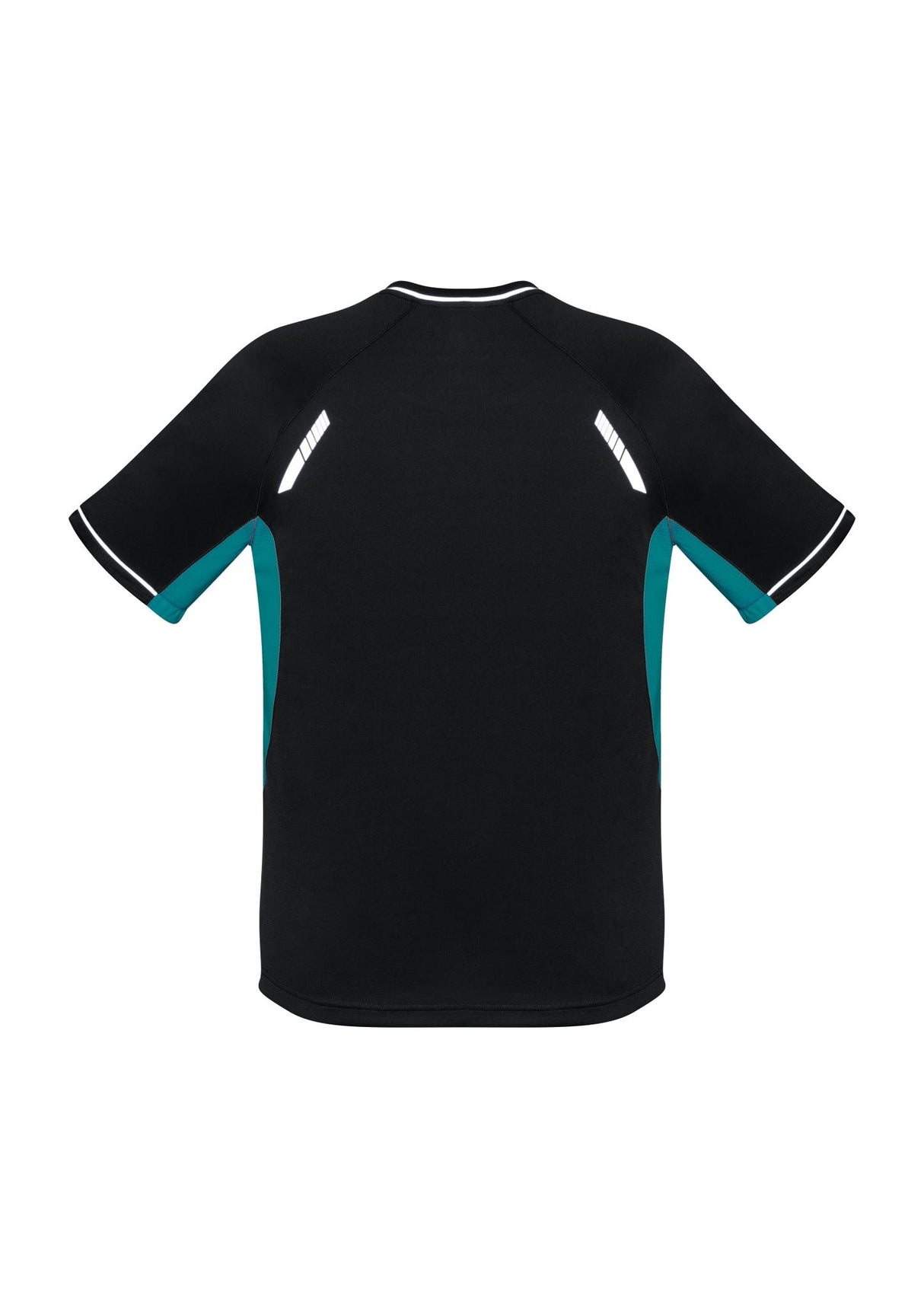 Men's Renegade Tee in Black/Teal/Silver, XL size, features breathable fabric, mesh panels, and reflective trims for active wear.