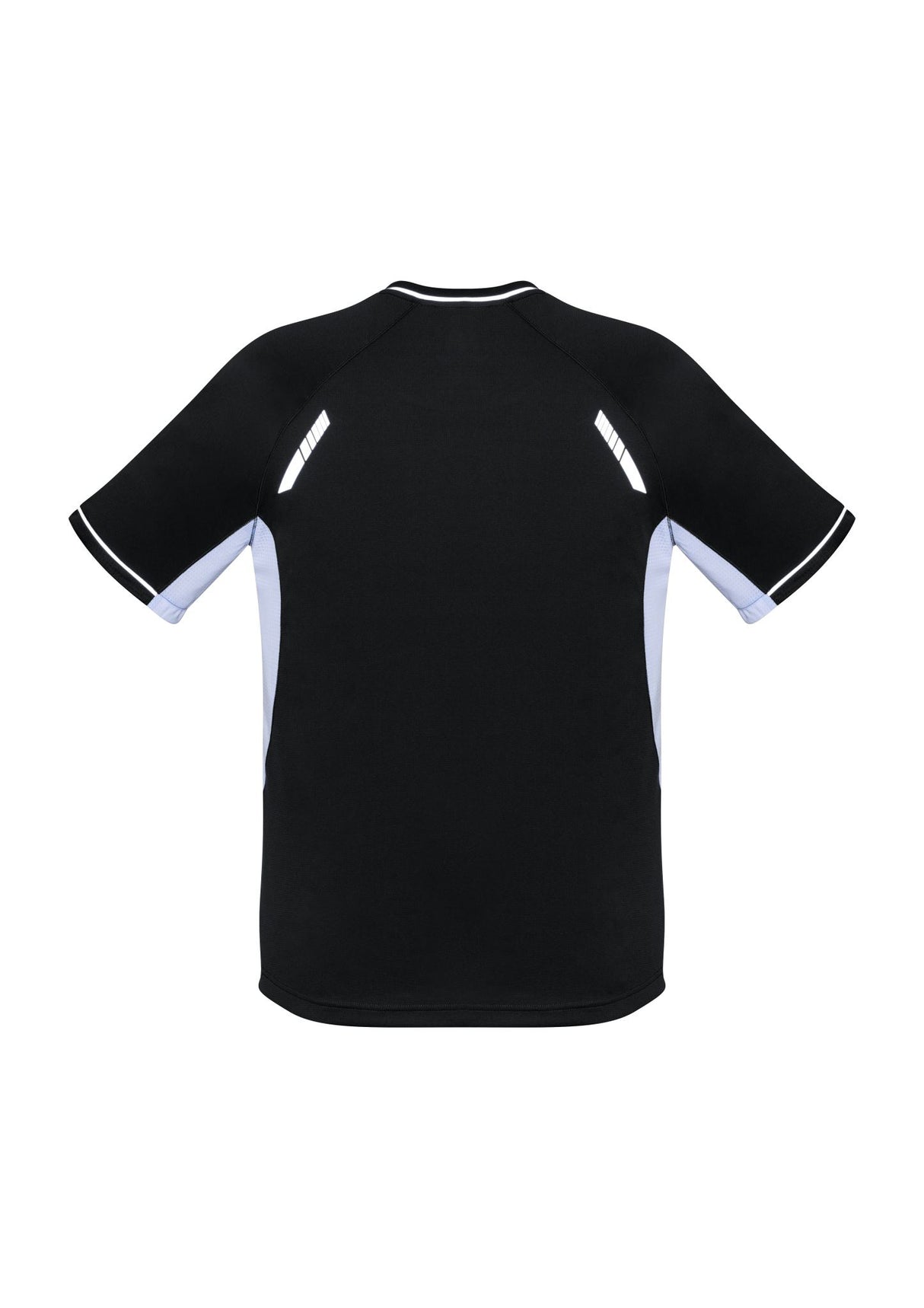 Men's Renegade Tee in Black, White, and Silver featuring breathable fabric, reflective trims, and optimal ventilation for active wear.