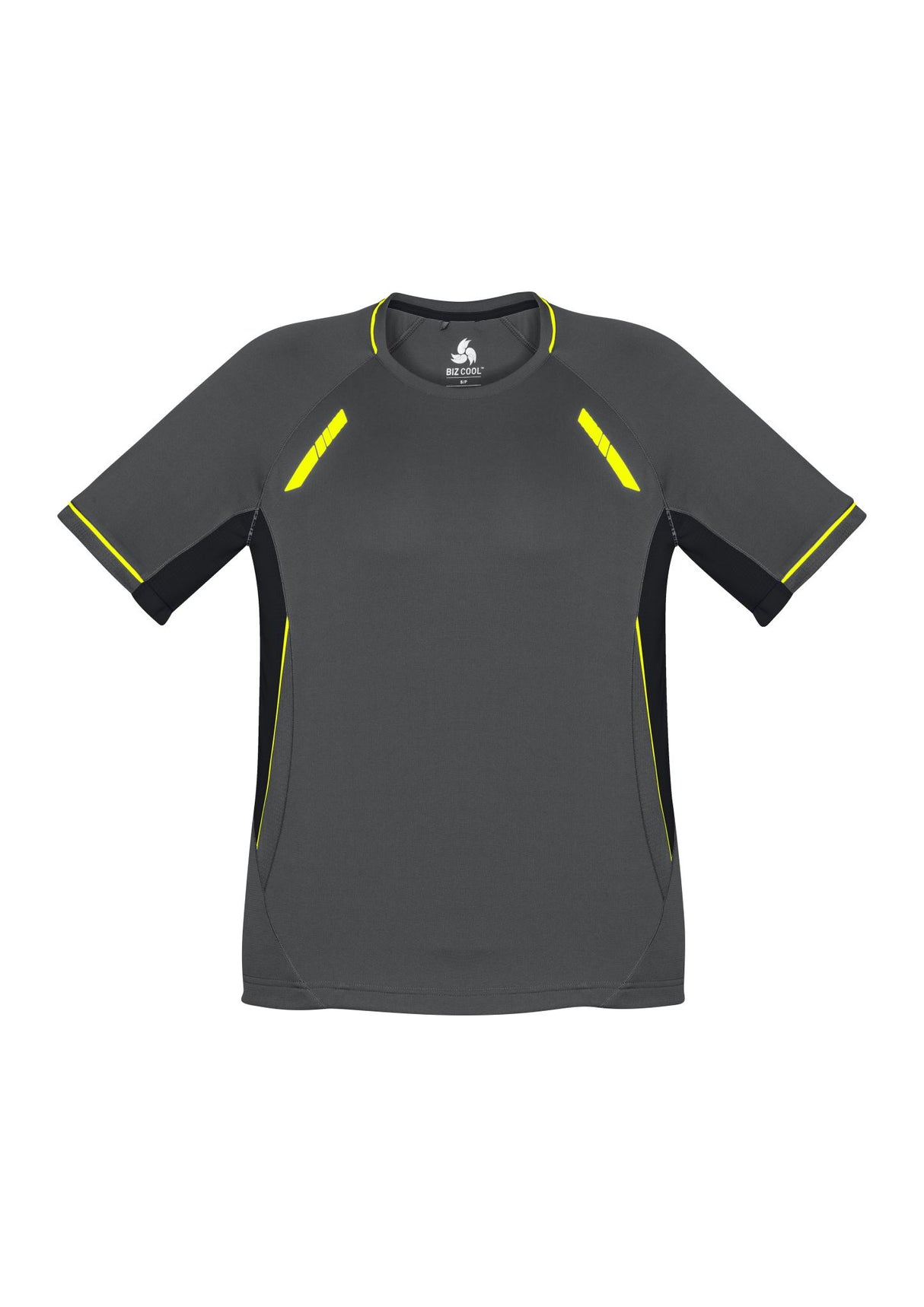 Men's Renegade Tee in Grey, Black, and Fluoro Yellow, featuring breathable fabric, mesh panels, and reflective trims for visibility.