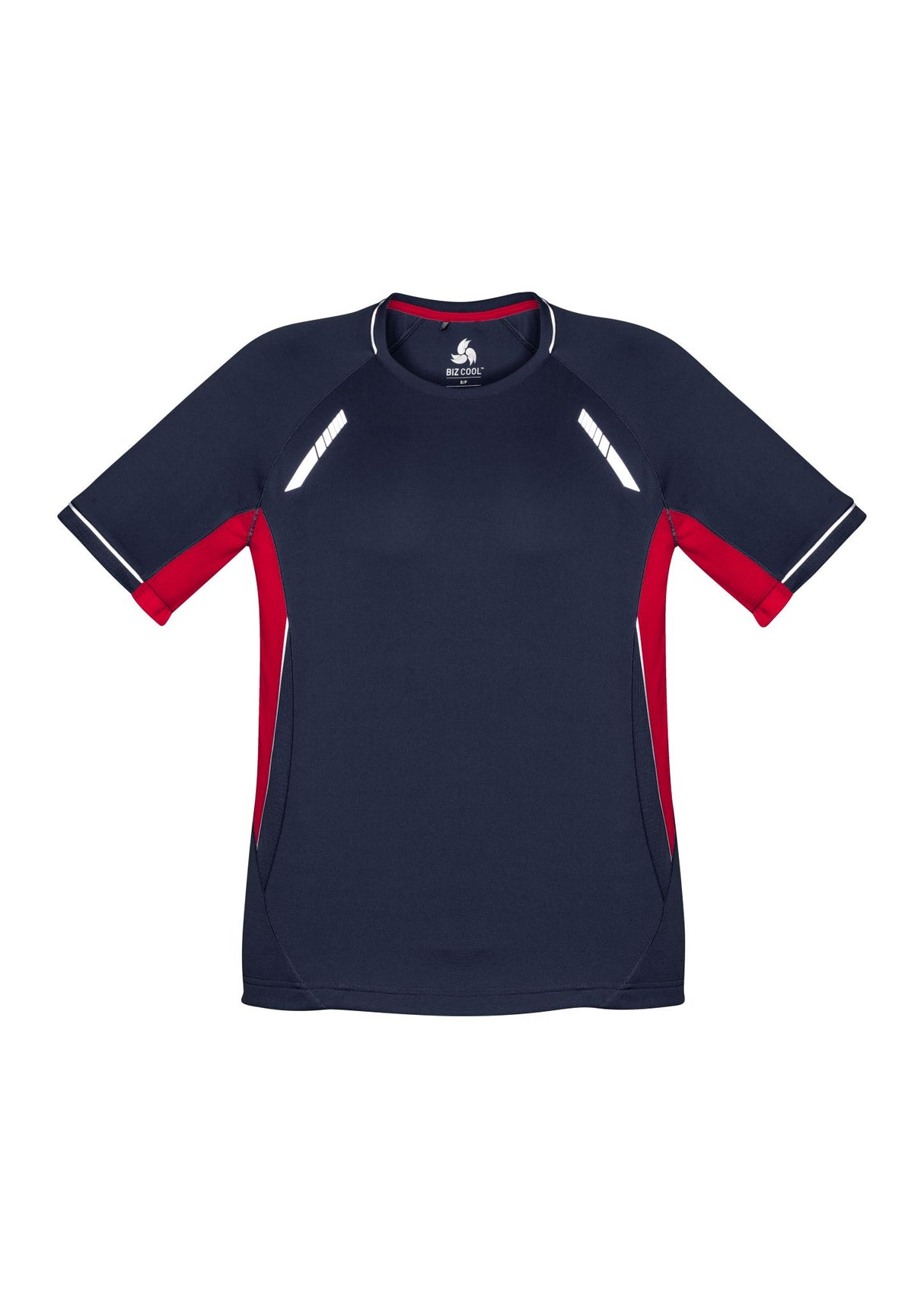 Kids Renegade Tee in Navy, Red, and Silver, featuring reflective trims and mesh panels for comfort and UV protection. Size 14.