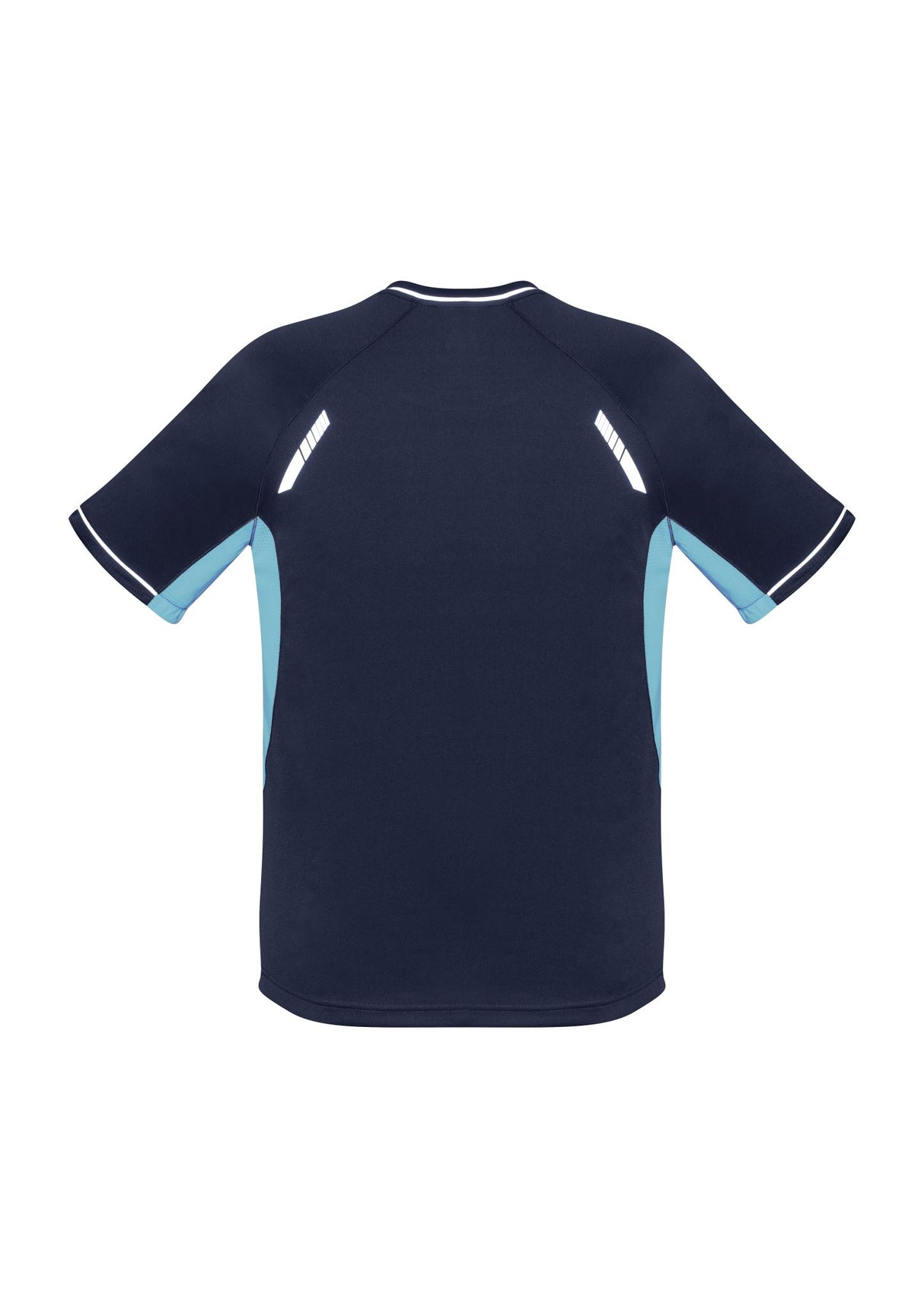 Navy/Sky/Silver Kids Renegade Tee, Size 16, features breathable fabric, reflective trims, and mesh panels for active play.