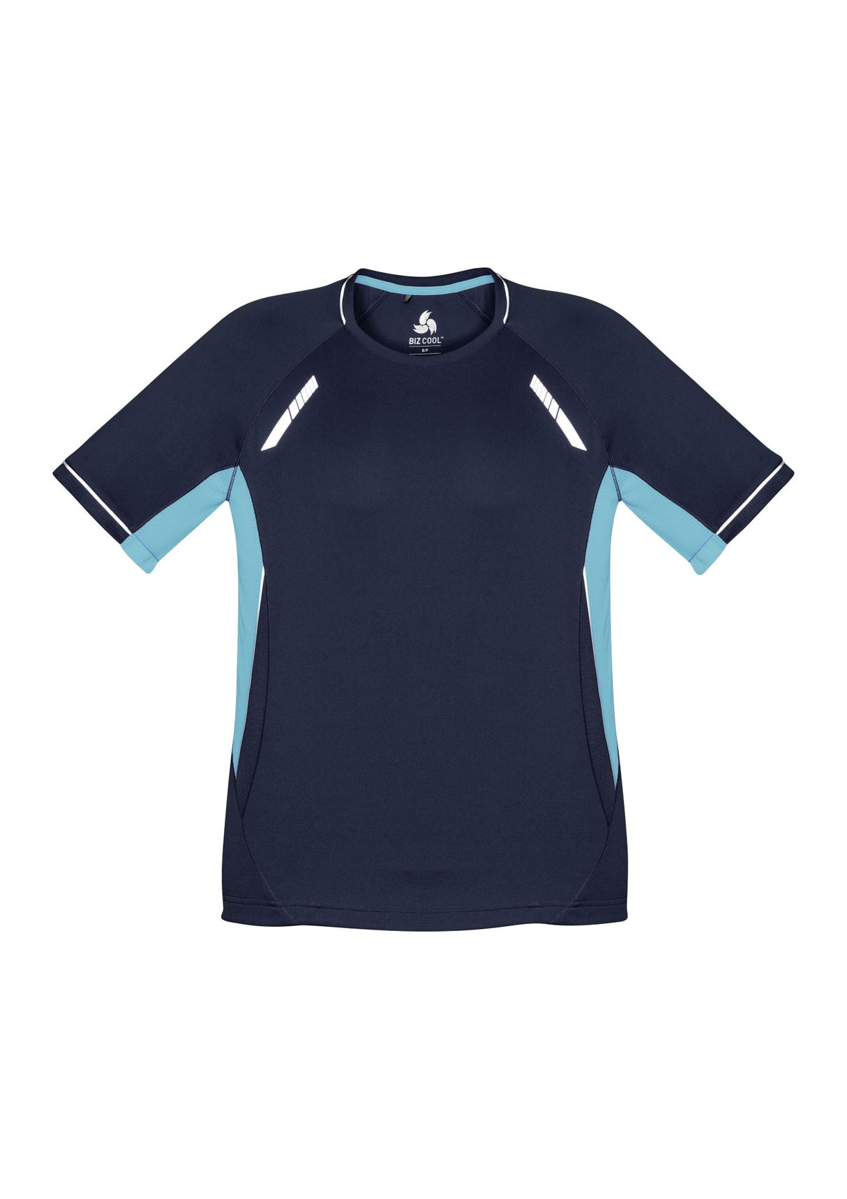 Kids Renegade Tee in Navy, Sky, and Silver, size 8, featuring moisture-wicking fabric, mesh panels, and stylish reflective trims.