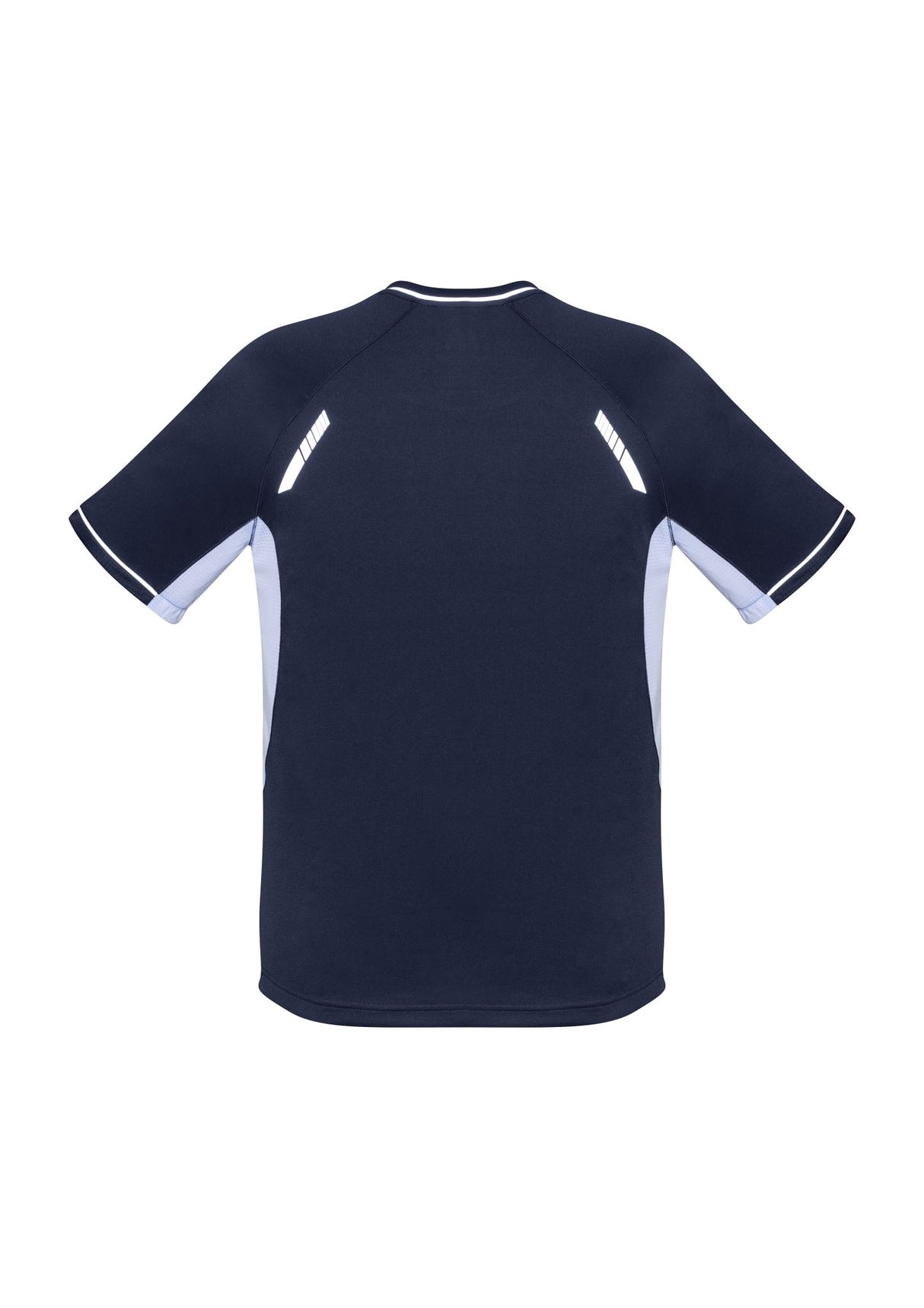 Kids Renegade Tee in navy with white and silver, featuring lightweight fabric, UPF protection, and mesh panels for ventilation.