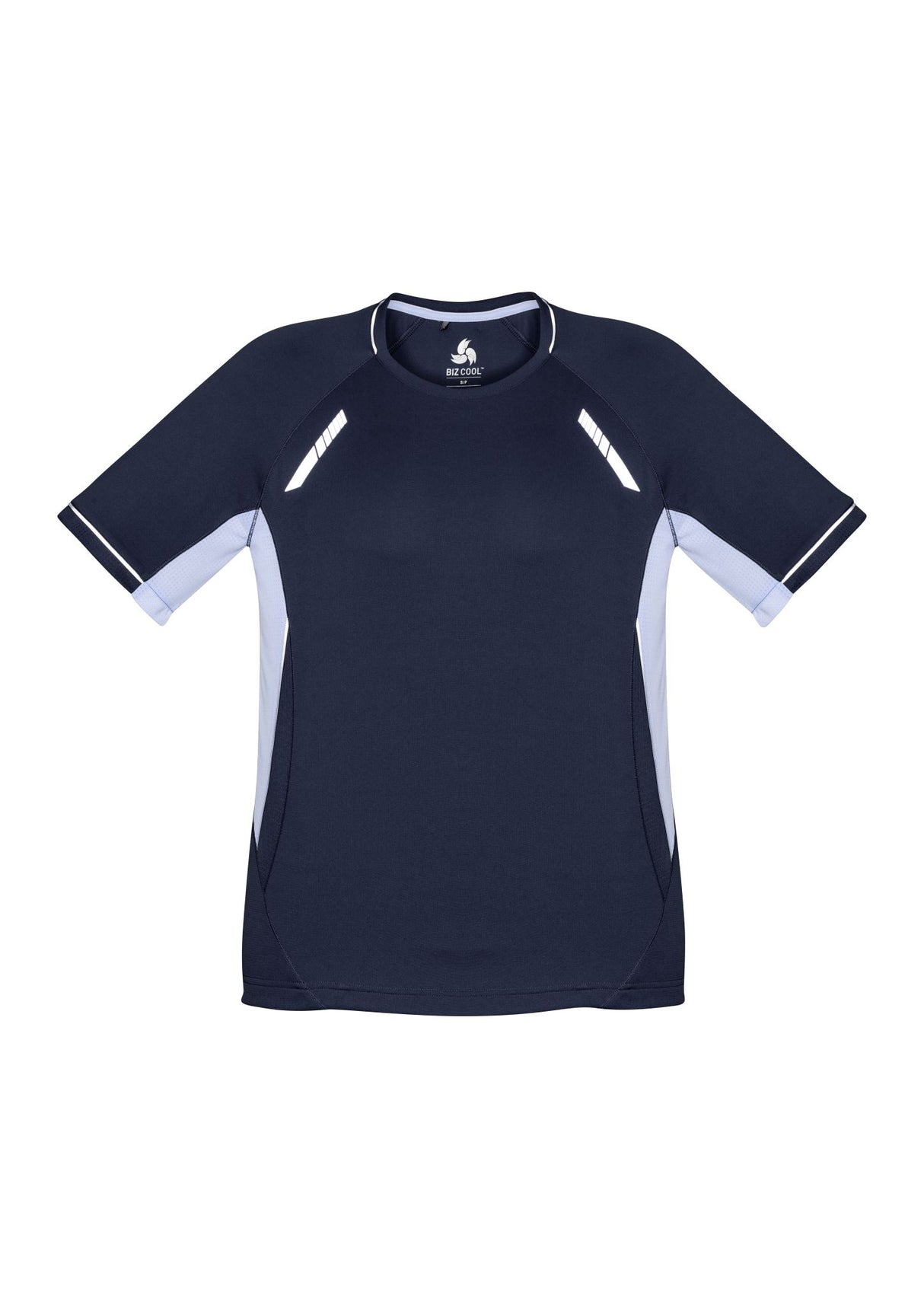 Kids Renegade Tee in navy, white, and silver with breathable fabric, reflective trims, and mesh panels for comfort and visibility.