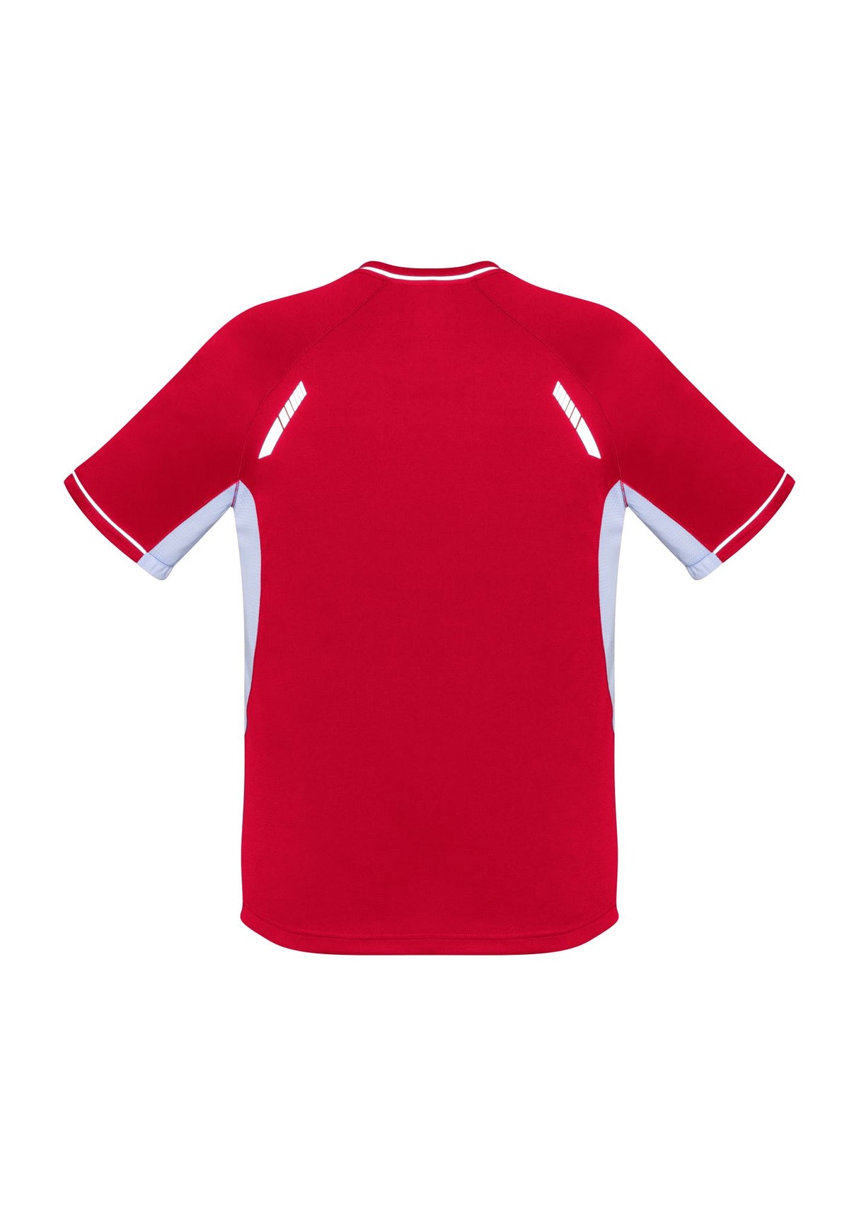 Bright red Kids Renegade Tee with white and silver accents, size 6, featuring breathable fabric and reflective trims for visibility.