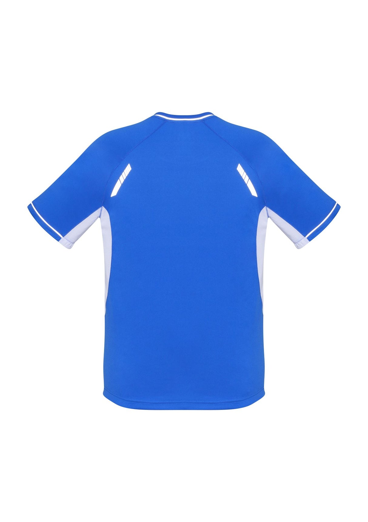 Royal and white kids' tee with silver trims, featuring breathable mesh and a comfortable fit for active movements. Size 16.