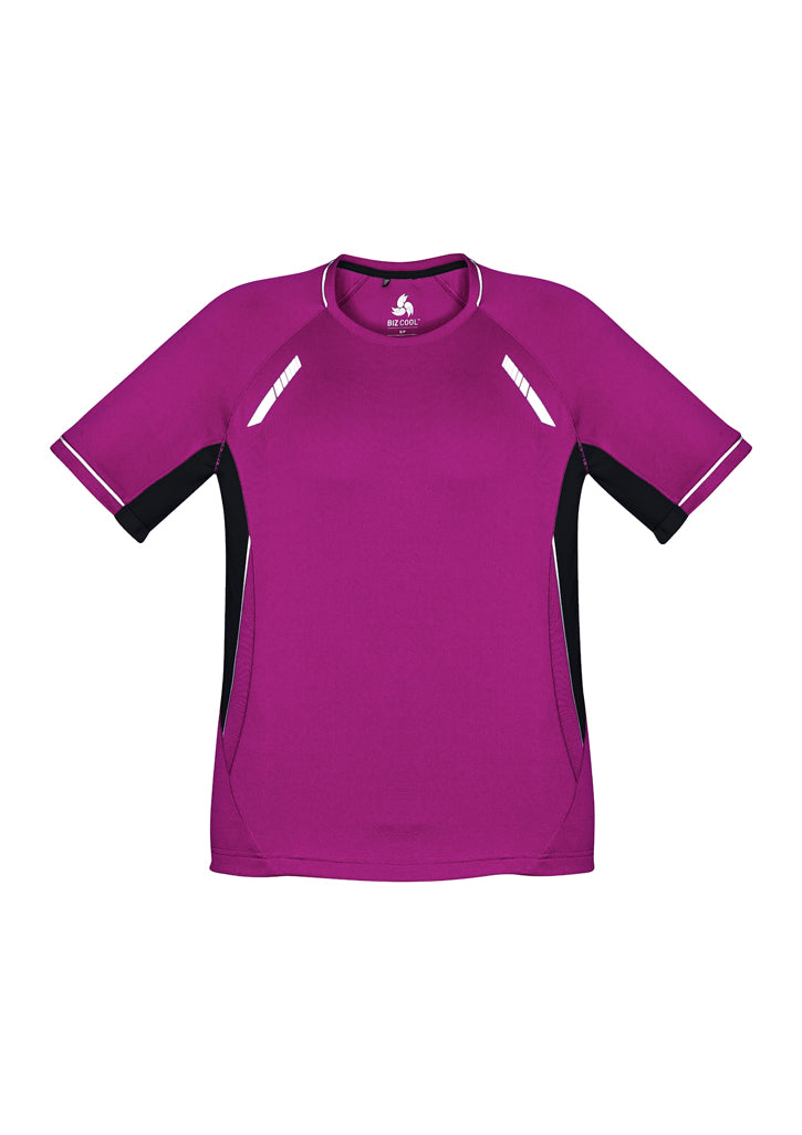 Men's Renegade Tee in Magenta, Black, and Silver, featuring breathable fabric, UPF protection, and stylish reflective trims.