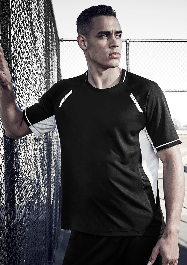 Mens Renegade Tee in grey with fluoro lime and silver, size 5XL, featuring breathable mesh, UPF protection, and reflective trims.