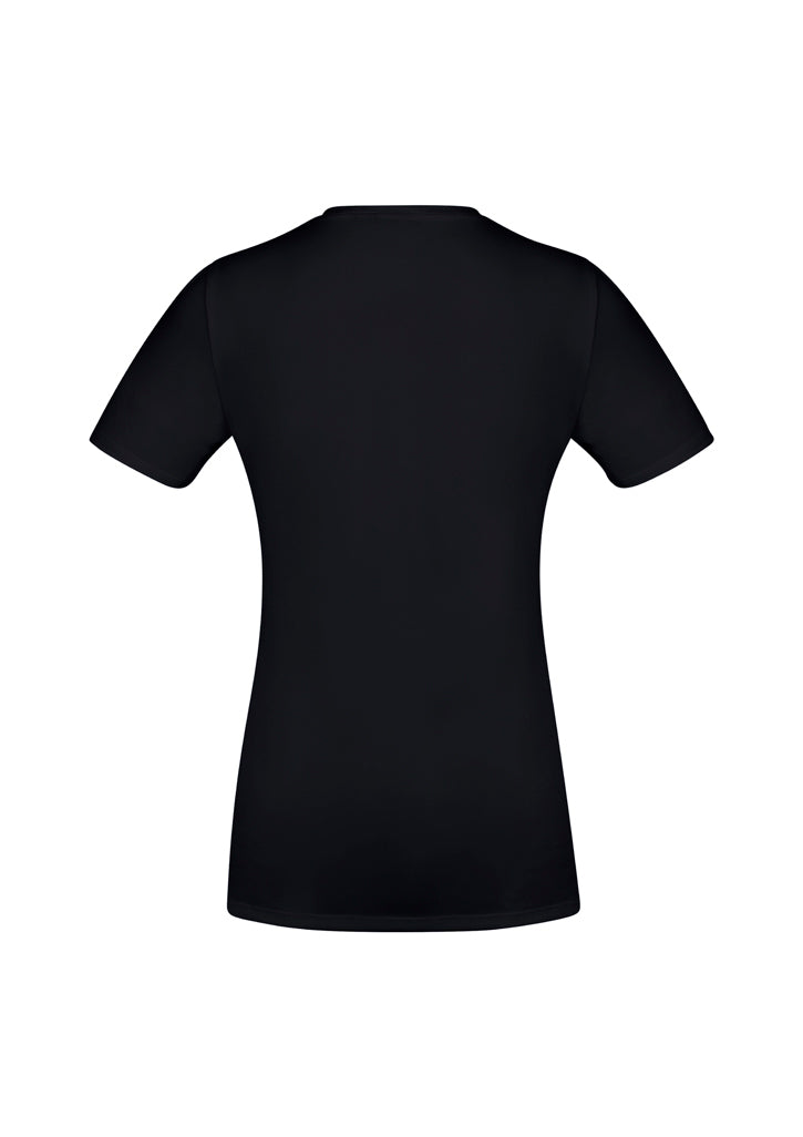 Ladies Aero Tee in Solid Black, Size 8, featuring lightweight, breathable fabric with a flattering v-neck design for activewear.