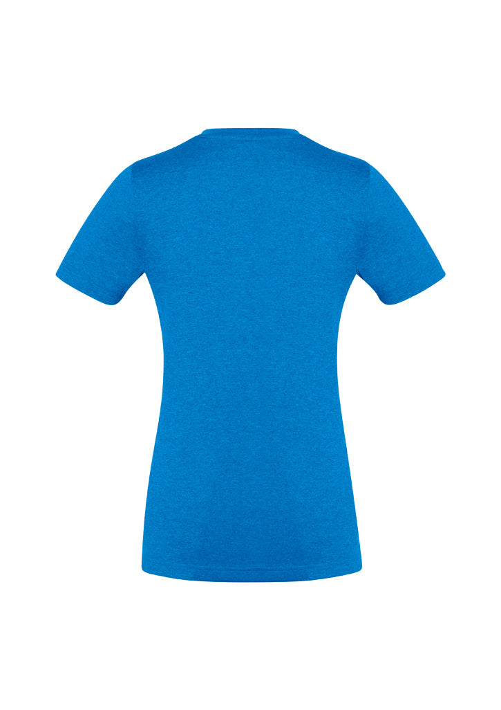 Ladies Aero Tee in vibrant cyan, size 18, featuring lightweight, cool fabric and flattering v-neck for comfort and style.