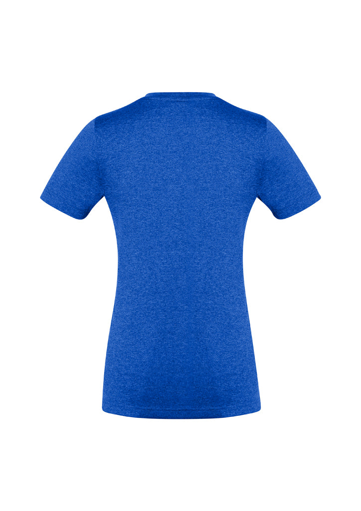 Electric Blue Ladies Aero Tee, Size 8, featuring a flattering v-neck, lightweight fabric, and stylish heathered marle effect.
