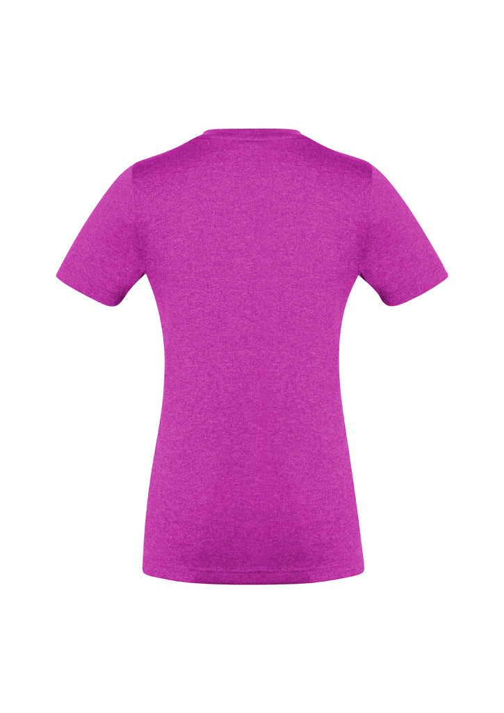 Magenta Ladies Aero Tee in size 12, made of breathable polyester, featuring a flattering v-neck and UPF protection.