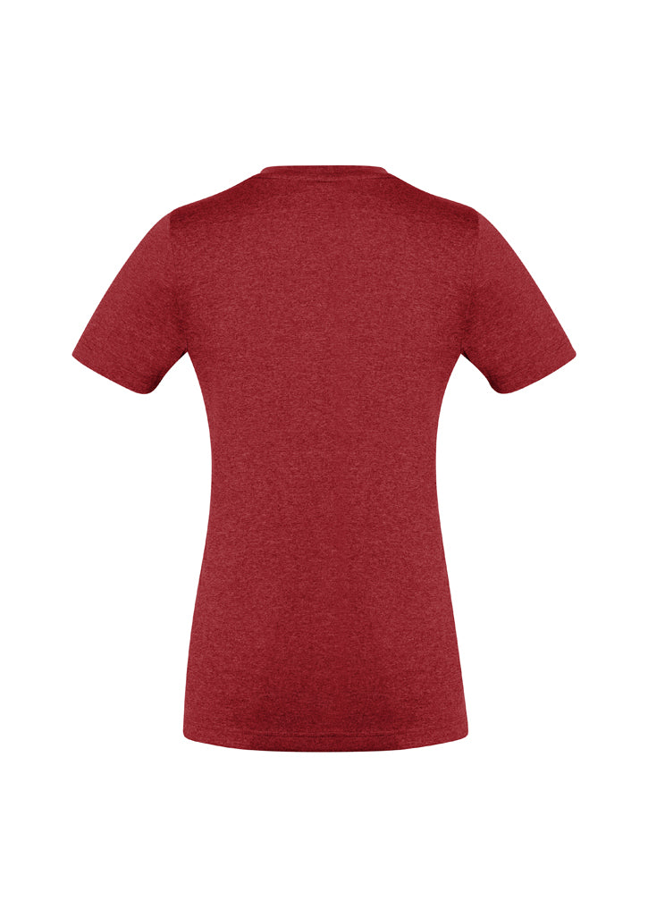 Vibrant red Ladies Aero Tee, Size 14, featuring a stylish v-neck and lightweight, moisture-wicking fabric for comfort and sun protection.