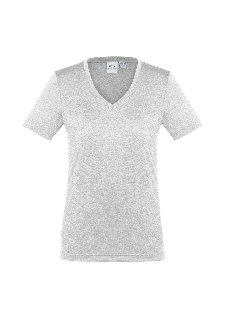 Ladies Aero Tee in Silver, Size 24, featuring lightweight UPF fabric and a flattering v-neck for activewear elegance.