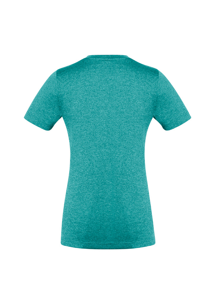 Ladies Aero Tee in teal, size 20, made from breathable micro polyester with a flattering v-neck and modern heathered design.