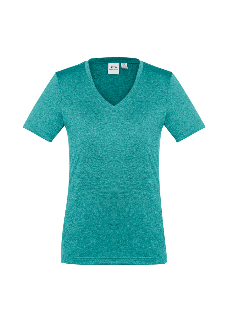 Teal Ladies Aero Tee in Size 8 featuring lightweight, breathable fabric, v-neck, and stylish heathered marle effect.