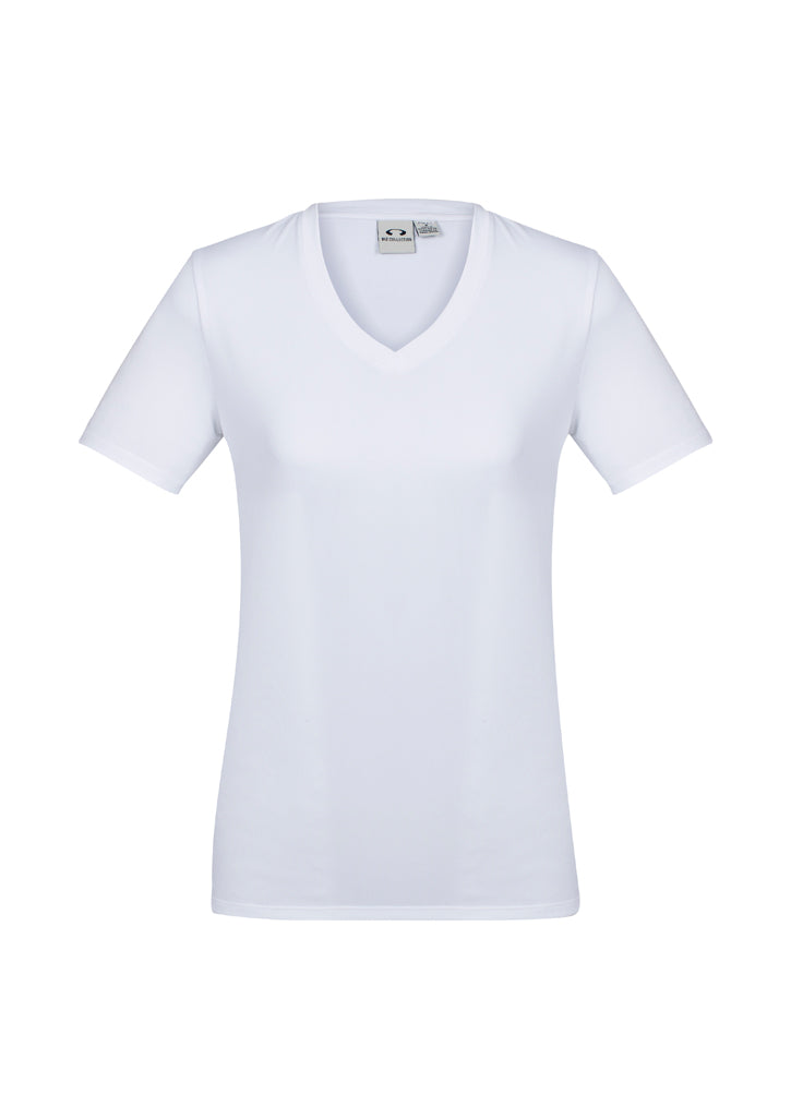 Ladies Aero Tee in white, size 16, featuring a flattering v-neck and breathable fabric for casual and active wear.