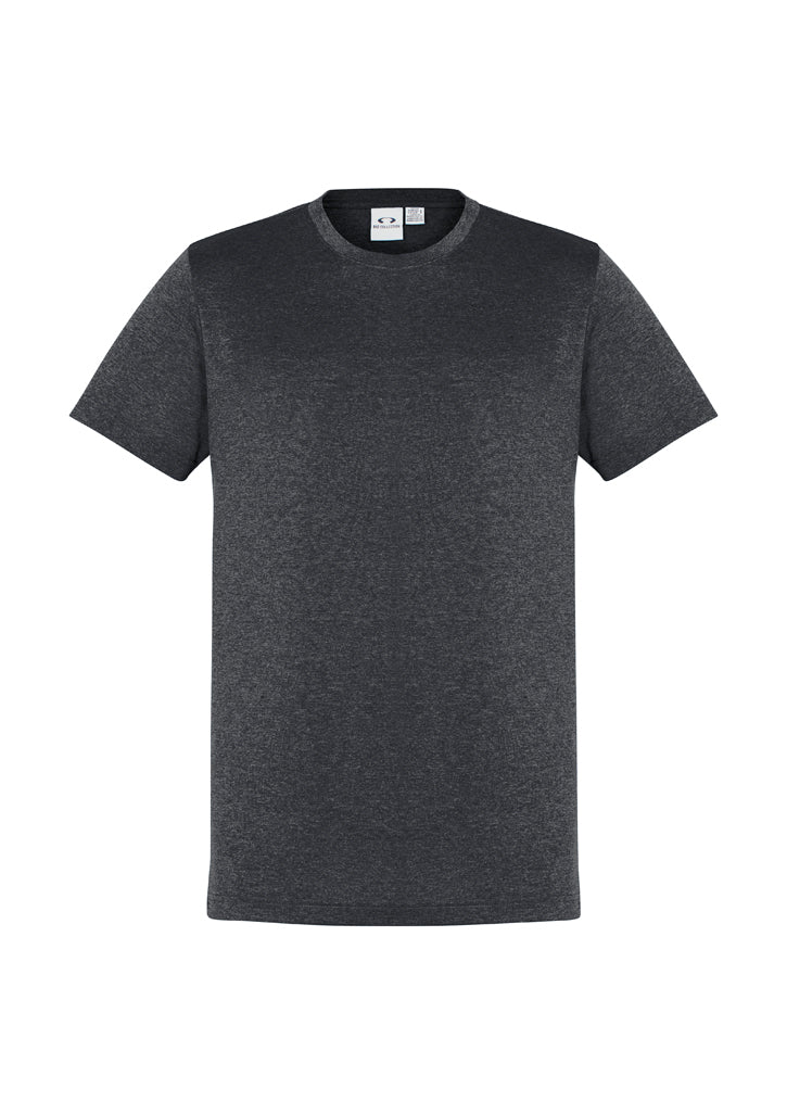 Mens Aero Tee in charcoal, size S, featuring lightweight, breathable fabric with a modern heathered look and UPF protection.