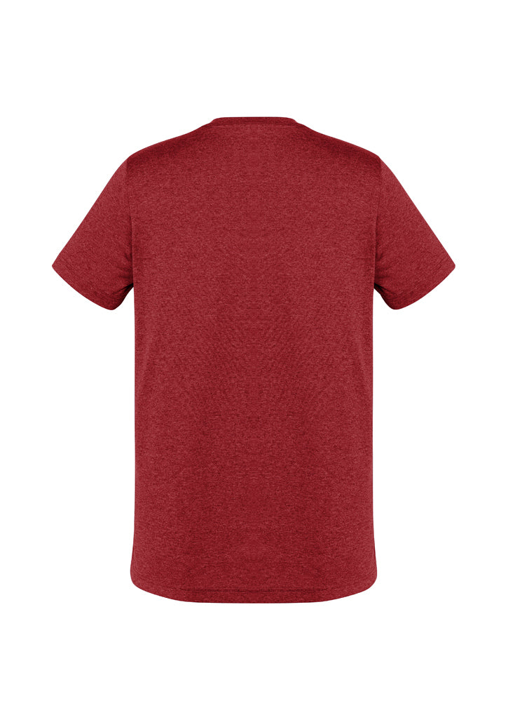 Men's XS Aero Tee in vibrant red, featuring breathable polyester, UPF protection, and a stylish heathered marle effect.