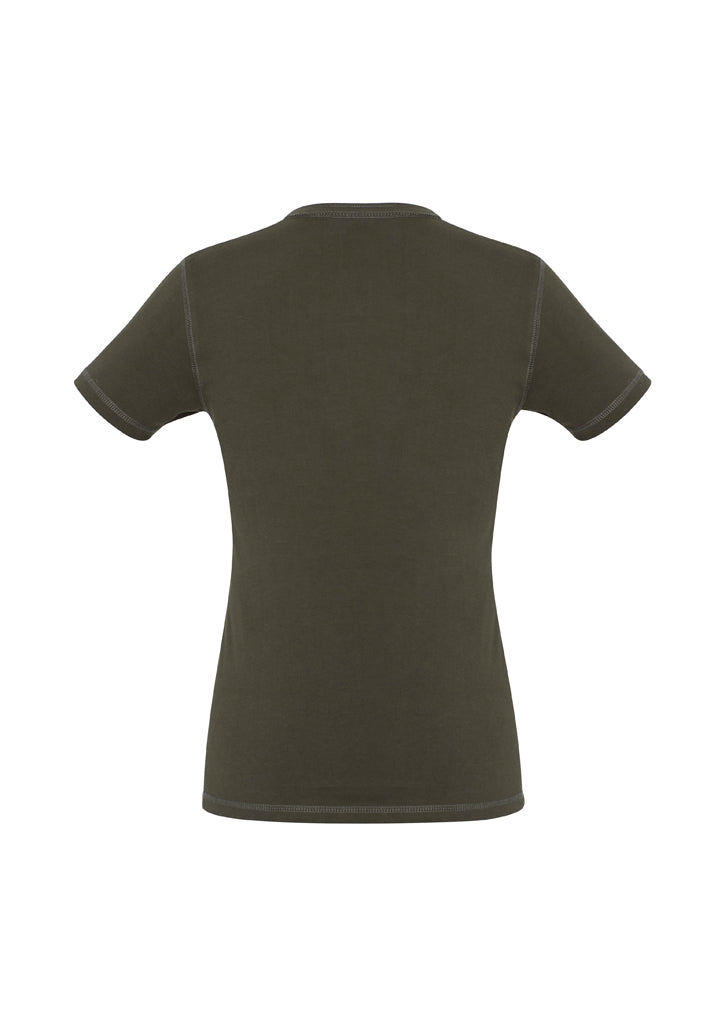 Olive Ladies Vintage Tee in size 18, featuring a stone-washed finish, crew neck, and Henley placket for stylish comfort.