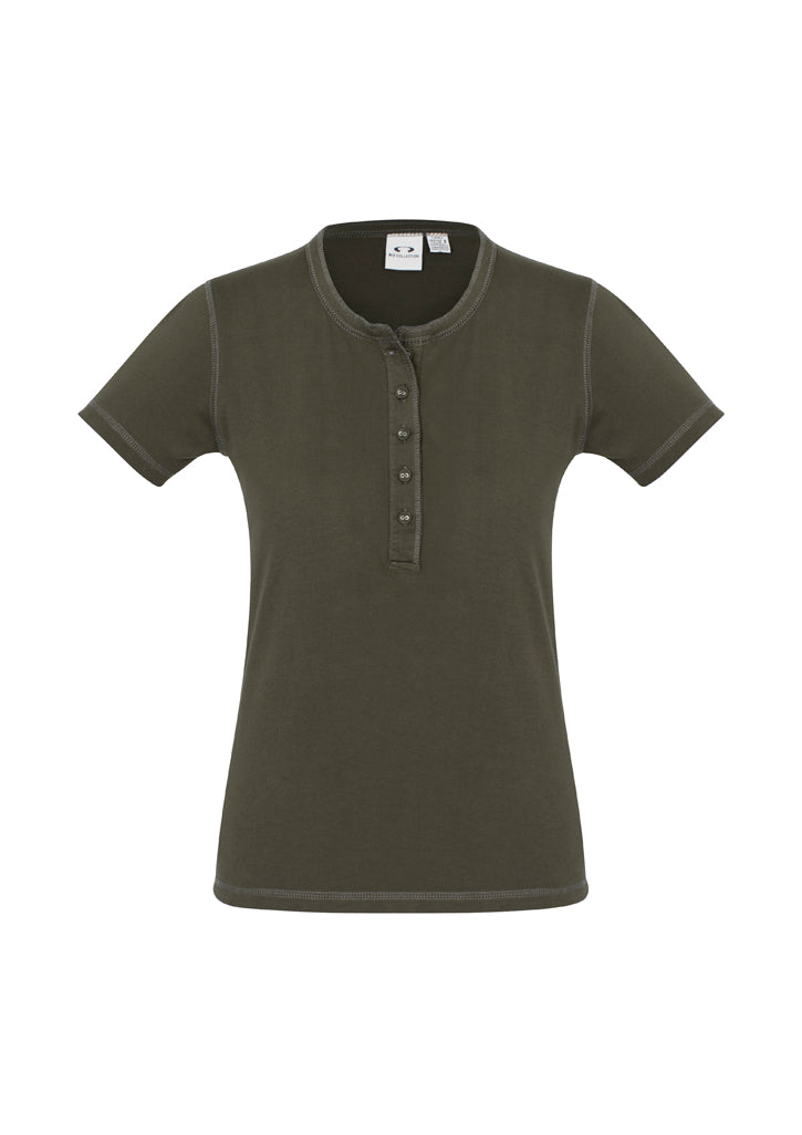 Ladies Vintage Tee in Olive, Size 20, featuring a crew neck, Henley placket, and stone-washed finish for timeless style.