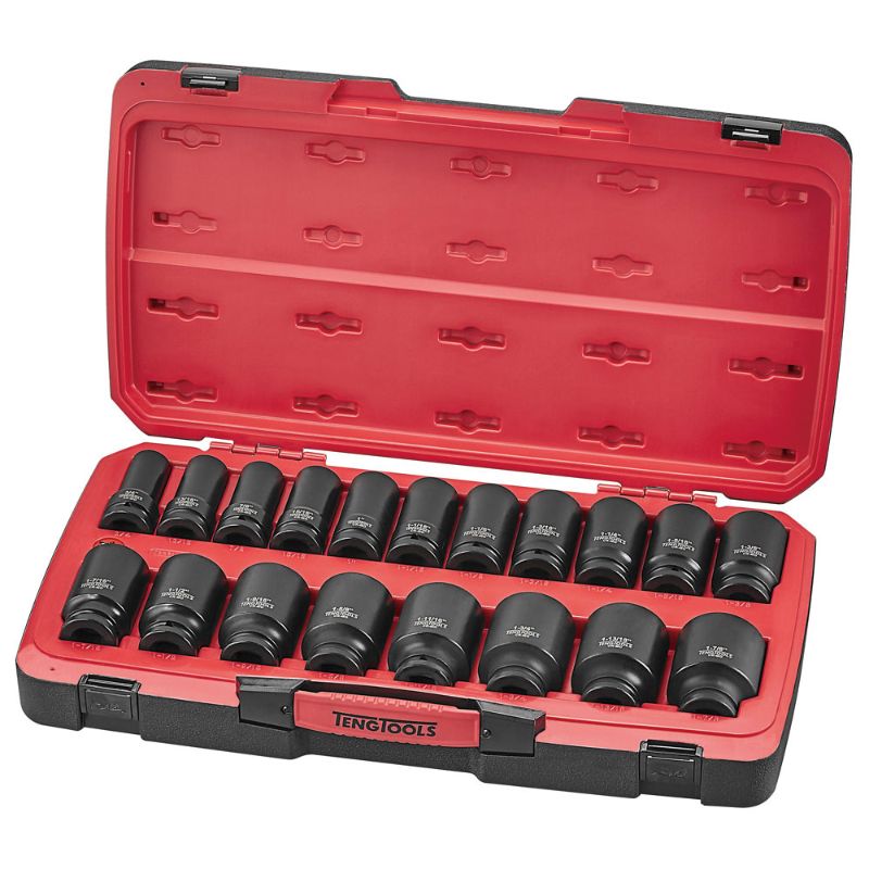 Teng 21-piece 3/4in Dr. AF Deep Impact Socket Set, durable chrome molybdenum, includes a variety of socket sizes in portable case.