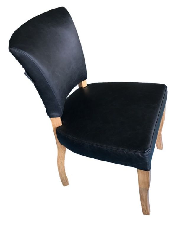 Elegant Derringer chair in Belon Black leather with solid timber legs and brass nail detailing, ideal for any stylish space.