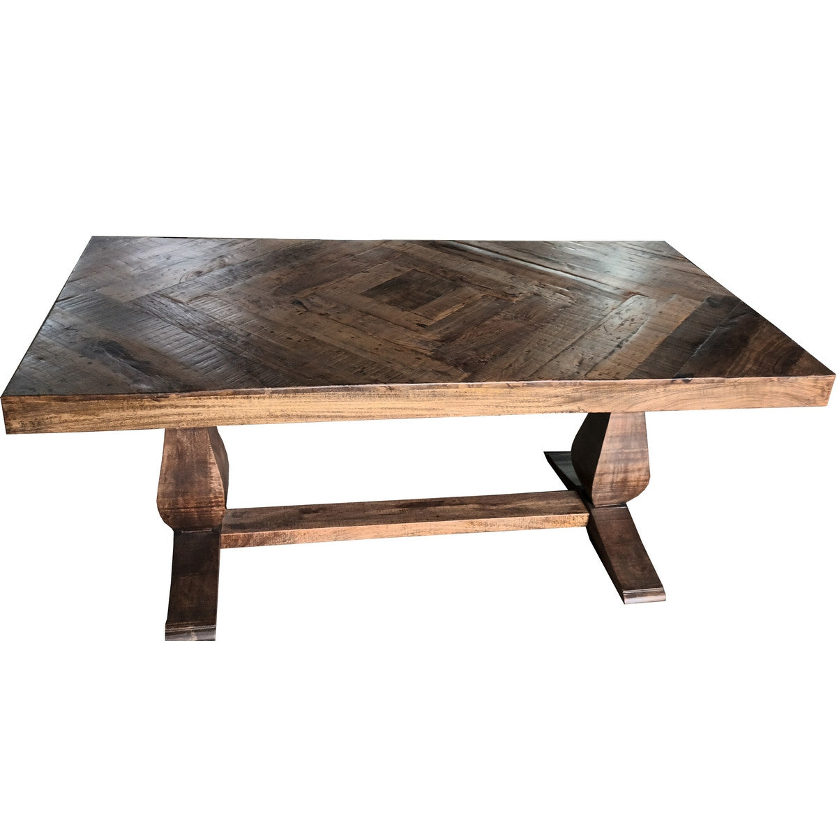 Walnut Prairie Parquet Dining Table with Double Pedestal Base, featuring intricate design and reclaimed mango wood craftsmanship.