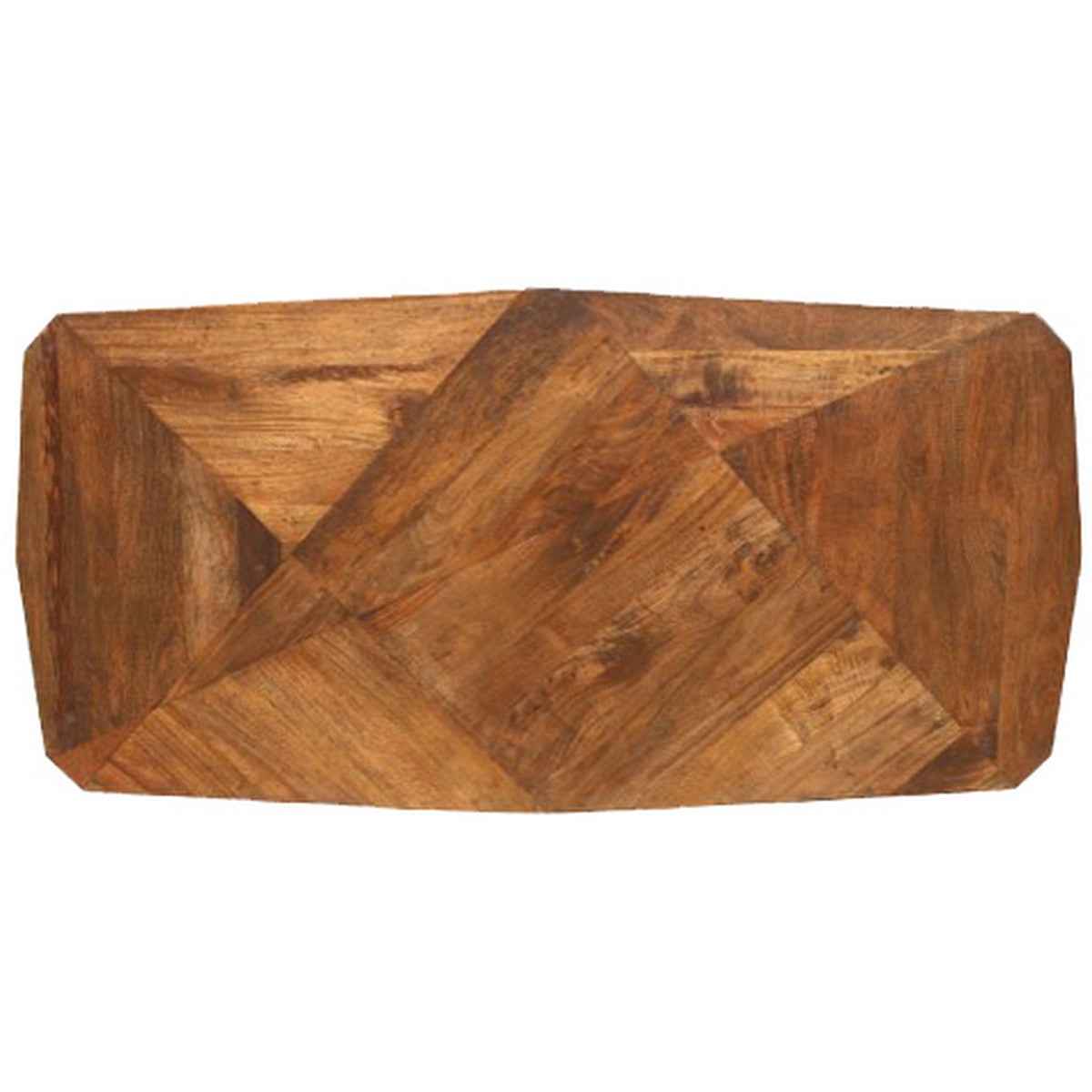 Asymmetric dining table with distressed reclaimed mango wood and forged steel legs, ideal for stylish gatherings.