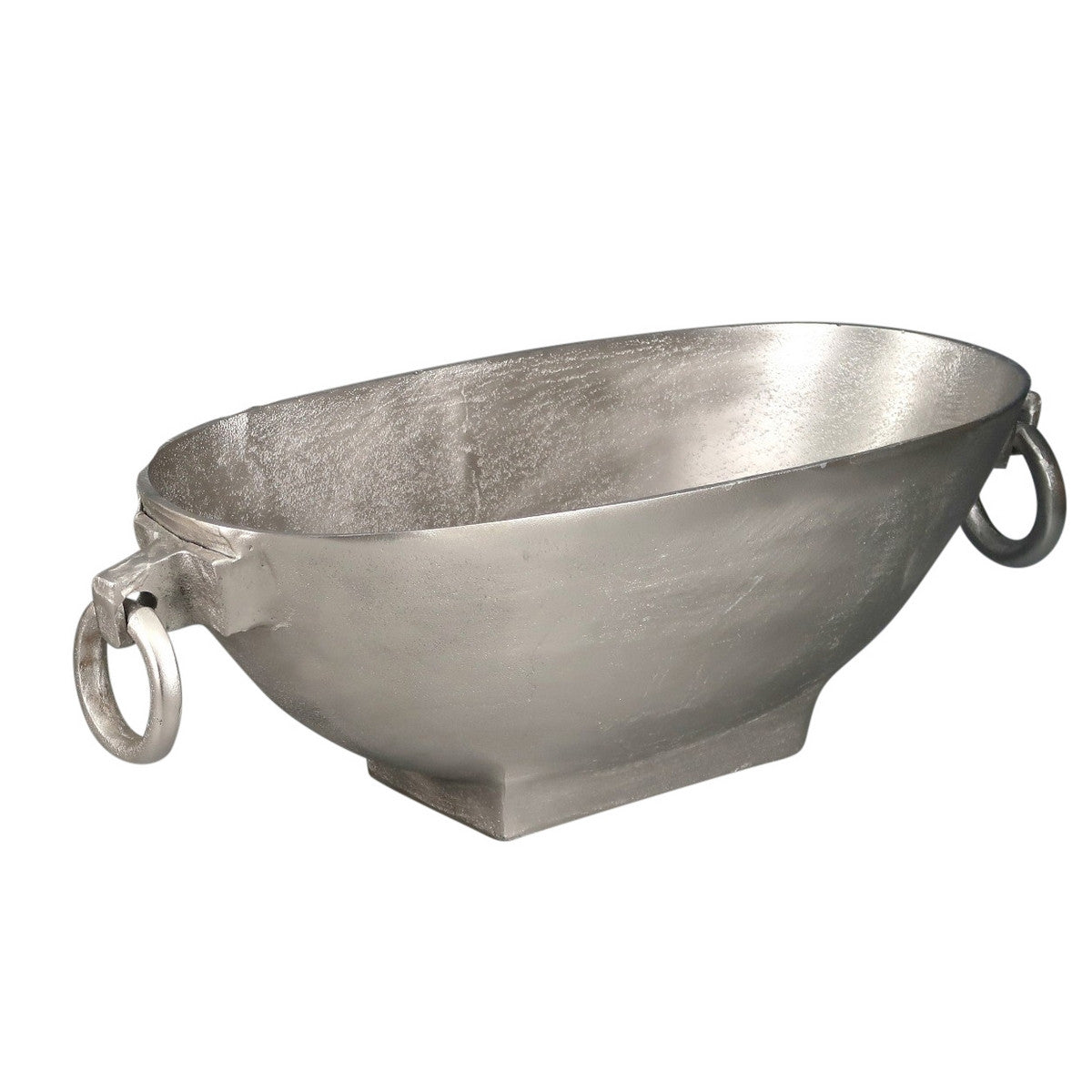 Oval silver aluminium bowl with handles, ideal for home decor, featuring an elegant oval shape and versatile functionality.