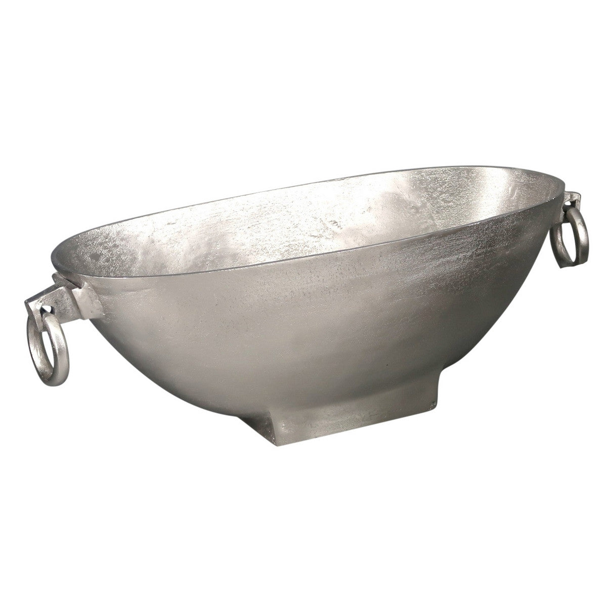 Elegant silver oval handle bowl made of durable aluminium, perfect for home decor and versatile display of fruits or snacks.