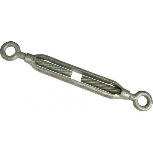 Galvanized steel 3/4-inch turnbuckle with eye & eye design for easy tension adjustment in ropes and cables.