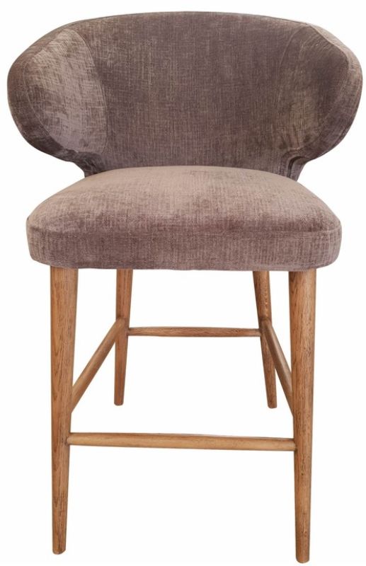 Stylish Barstool Venus in grey chenille with 65cm height, featuring romantic curves, brass legs, and a durable timber frame.