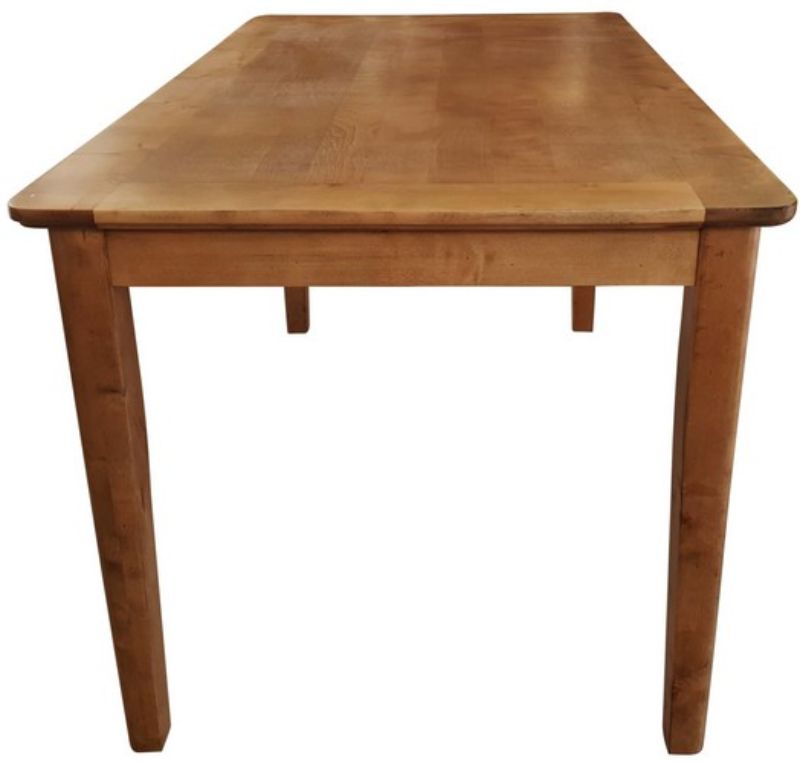 Bar height dining table in antique brown birch, seating six comfortably, showcasing elegant wood grain and warm tones.