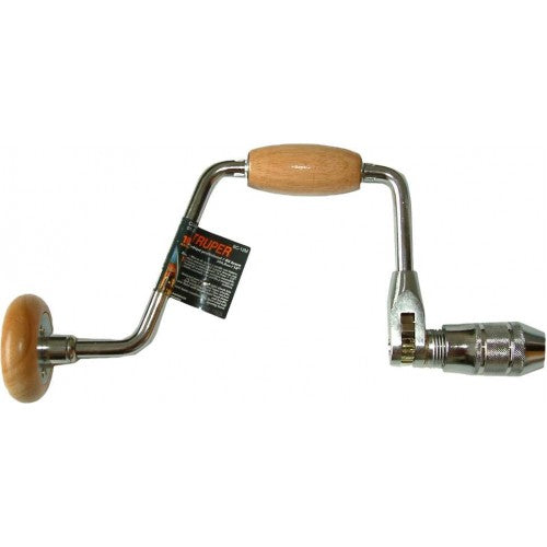 Carpenters Brace "Truper" 12" with wooden handles, low carbon steel body, ratchet mechanism for precise drilling.