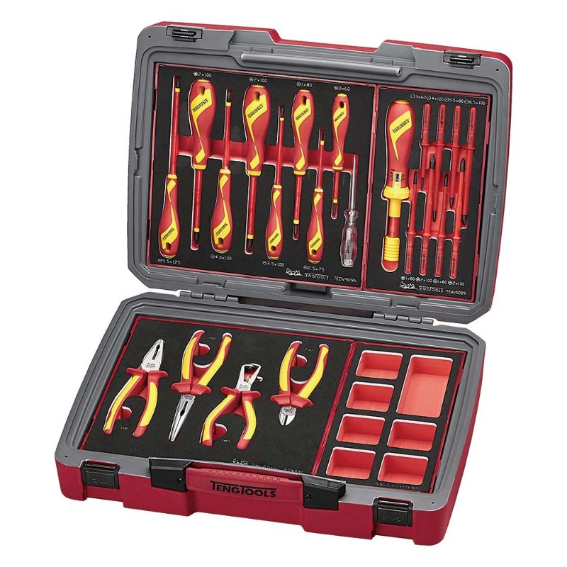 29-piece Teng Tool Kit TC-6T for electricians, featuring insulated tools, organized foam trays, and a durable portable case.