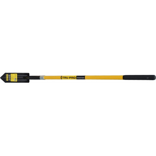 Truper Pro trenching shovel with 4" steel blade, ergonomic fiberglass handle, and reinforced strength for cable laying.