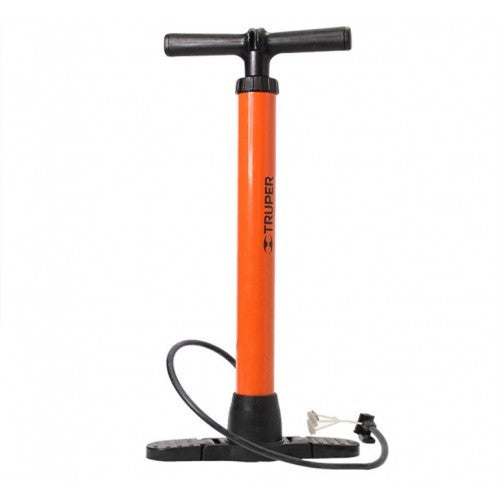 Truper Car Tyre Hand Pump 100psi featuring steel cylinder, rubber hose, dual head for various valve types, and folding base.