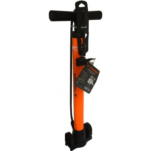Truper Car Tyre Hand Pump with durable steel cylinder, rubber hose, and dual head for efficient inflation of all tire types.