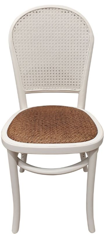 Elegant white oak dining chair with rattan back, perfect for stylish and comfortable dining experiences.
