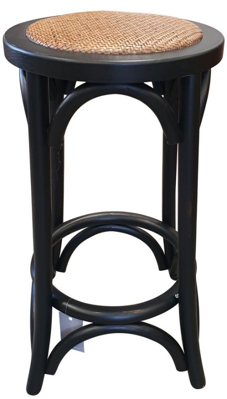 Elegant black elm wood barstool with rattan seating, offering stylish comfort for dining in any environment.