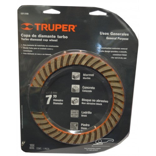 Diamond Cup Wheel Truper 178mm for fast grinding of marble, concrete, and stone; 40 segments, 18,600rpm, compatible with angle grinders.
